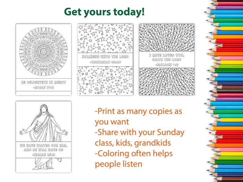 May include: A collection of printable coloring pages with religious themes. The pages feature intricate designs, including mandalas, stars, and illustrations of Jesus. Text includes Bible verses and the phrase "Get yours today!" A colorful border of pencils frames the image.