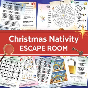 Op de afbeelding: Een kerst-Nativity Escape Room spel met een rode achtergrond en een gouden ster. Het spel bevat een verscheidenheid aan puzzels en activiteiten, zoals een doolhof, een woordzoeker, een spot-the-difference-spel en een puzzel met ontbrekende letters. Het spel is ontworpen om gespeeld te worden door zowel kinderen als volwassenen.