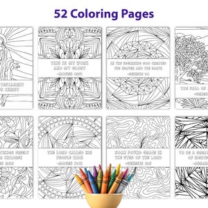 May include: A collection of 52 coloring pages with religious themes, featuring line drawings of biblical scenes and quotes. The pages are displayed with a variety of crayon colors in a small yellow bowl, ready for use.