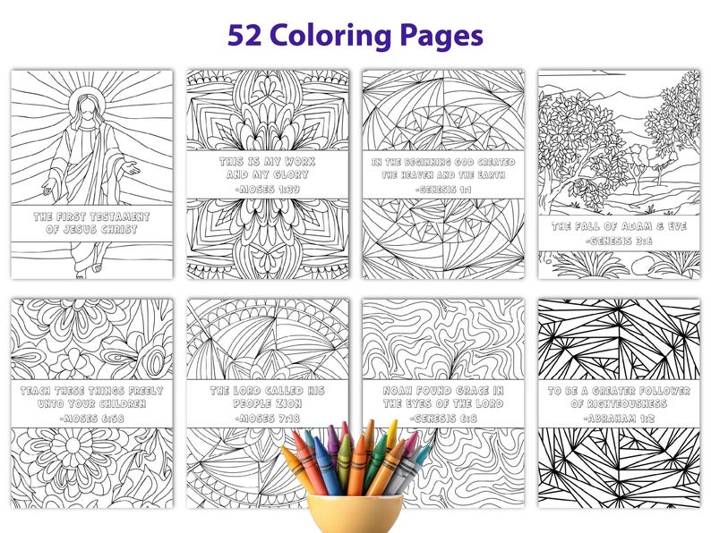 May include: A collection of 52 coloring pages with religious themes, featuring line drawings of biblical scenes and quotes. The pages are displayed with a variety of crayon colors in a small yellow bowl, ready for use.