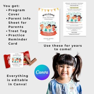 Op de afbeelding: Een promotieafbeelding met een jong meisje en diverse printables. De printables omvatten een programmacover, een informatieblad voor ouders, een traktatielabel en een herinneringskaart. De programmacover luidt "Welkom bij ons 2025 Primary Program".