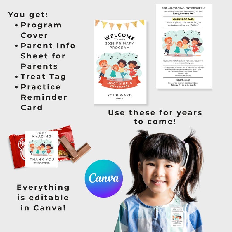 Op de afbeelding: Een promotieafbeelding met een jong meisje en diverse printables. De printables omvatten een programmacover, een informatieblad voor ouders, een traktatielabel en een herinneringskaart. De programmacover luidt "Welkom bij ons 2025 Primary Program".