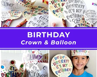 Birthday Crown Printable Hat Coloring Activity Kids Party Balloon Template Instant Download Digital File Preschool Nursery Celebration