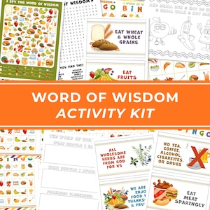 Op de afbeelding: Een Word of Wisdom activiteitenkit met meerdere bedrukte vellen met voedselillustraties, woordzoekers en kleurplaten. De pagina's bevatten tekst zoals Eat Wheat and Whole Grains, Eat Fruits, All Wholesome Herbs Are From God For Us en Eat Meat Sparingly, met diverse voedingsgerelateerde thema's.