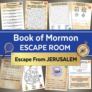 May include: A colorful printable escape room game based on the Book of Mormon. The game features a variety of puzzles and challenges, including a word search, a maze, and a code-breaking activity. The game is designed to be played by individuals or groups.