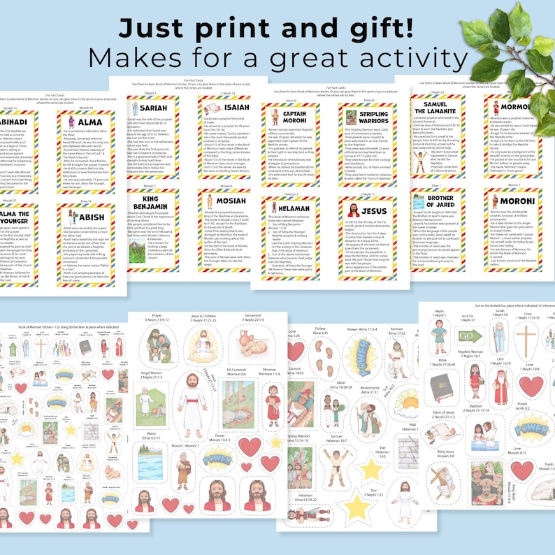 Peut inclure: Une collection de feuilles d'activit&eacute;s imprimables pr&eacute;sentant des figures et symboles religieux du Livre de Mormon. Les pages incluent des fiches d'information avec des bordures color&eacute;es et diverses illustrations &agrave; d&eacute;couper.