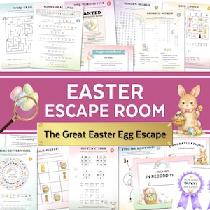 May include: An Easter Escape Room game set with various puzzles and activities. The design features a bunny, Easter eggs, and the text "Easter Escape Room" and "The Great Easter Egg Escape". Includes word trails, riddles, and more.