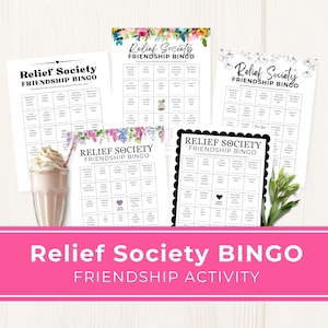Może przedstawiać: Kilka wydrukowanych kart do bingo z tekstem "Relief Society FRIENDSHIP BINGO". Karty mają kwiatowe i czarne obramowania. Różowy baner na dole głosi "Relief Society BINGO FRIENDSHIP ACTIVITY".