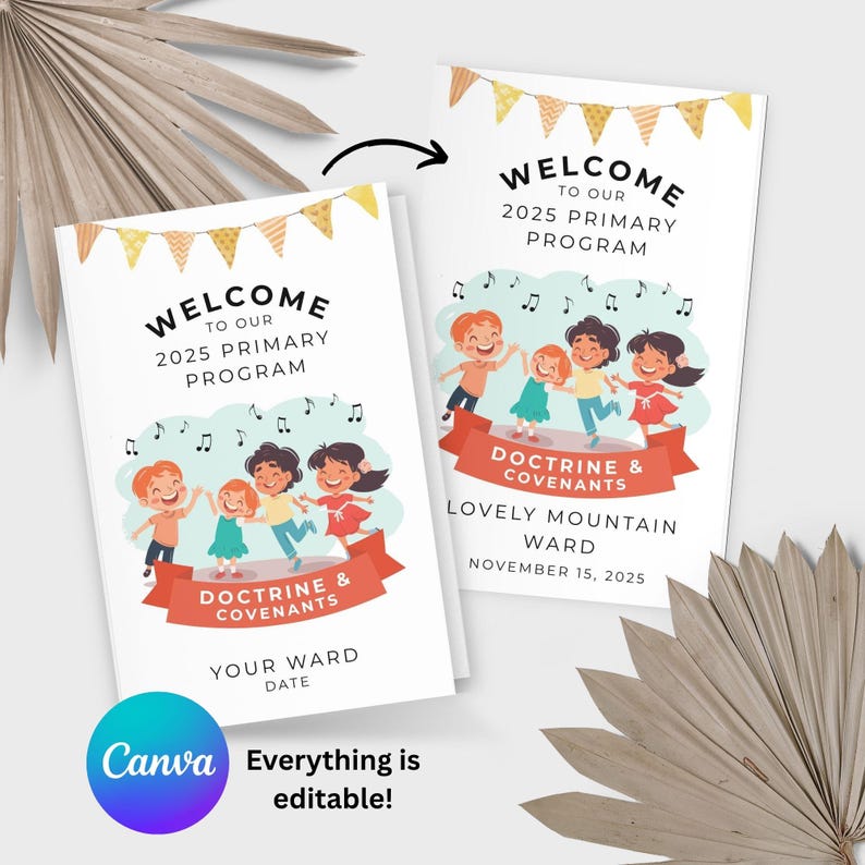 Op de afbeelding: Twee witte brochures met de tekst "WELCOME TO OUR 2025 PRIMARY PROGRAM" en illustraties van kinderen. De brochures bevatten ook de tekst "DOCTRINE & COVENANTS" en "LOVELY MOUNTAIN WARD NOVEMBER 15, 2025".