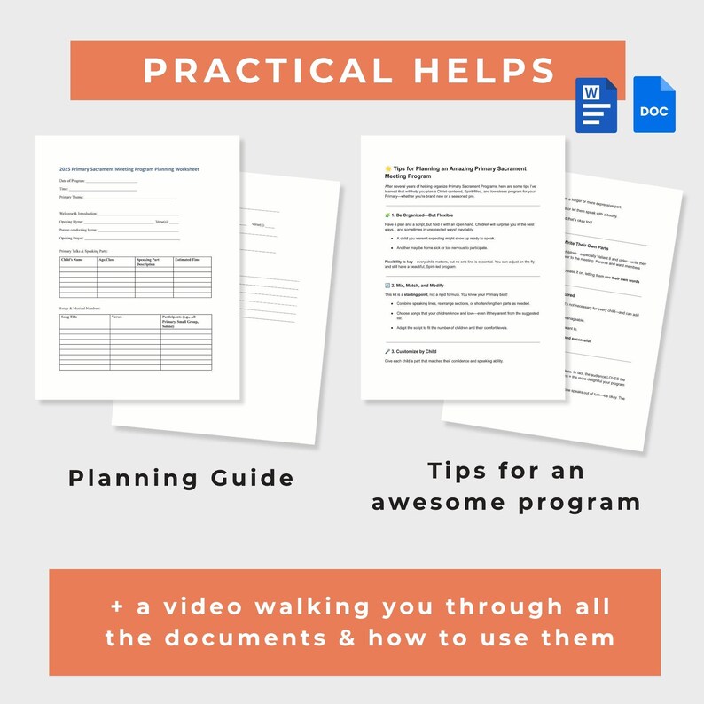 Op de afbeelding: Een verzameling witte documenten met zwarte tekst, waaronder een "Planning Guide" en "Tips for an awesome program". De afbeelding bevat ook de tekst "PRACTICAL HELPS" en "+ a video walking you through all the documents & how to use them."
