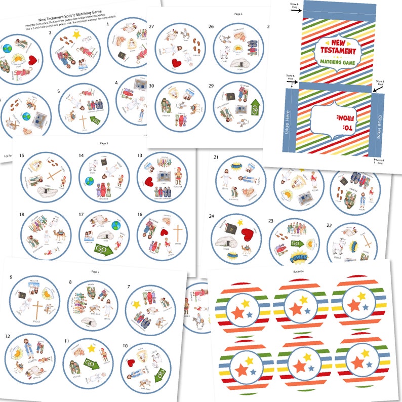 Puede incluir: Un juego de emparejamiento New Testament Spot It imprimible que incluye varias hojas de tarjetas circulares con ilustraciones coloridas de figuras y s&iacute;mbolos b&iacute;blicos, adem&aacute;s de una plantilla de caja a rayas con el texto New Testament Matching Game.