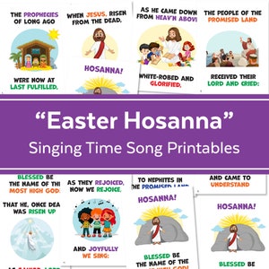 May include: Eight colorful printable cards with illustrations and text about the Easter story. The text includes "The Prophecies of Long Ago", "When Jesus, Risen from the Dead", "As He Came Down from Heav'n Aboi", "The People of the Promised Land", "Blessed Be the Name of the Most High God", "As They Rejoiced, Now We Rejoice", "To Nephites in the Promised Land", and "And Came to Understand".