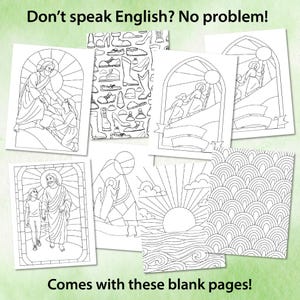 K&ouml;nnte beinhalten: Eine Sammlung von Malbuchseiten mit religi&ouml;sen Themen, darunter Bilder von Jesus und anderen biblischen Szenen. Die Seiten sind schwarz-wei&szlig;e Strichzeichnungen. Der Text "Don't speak English? No problem!" und "Comes with these blank pages!" sind sichtbar.