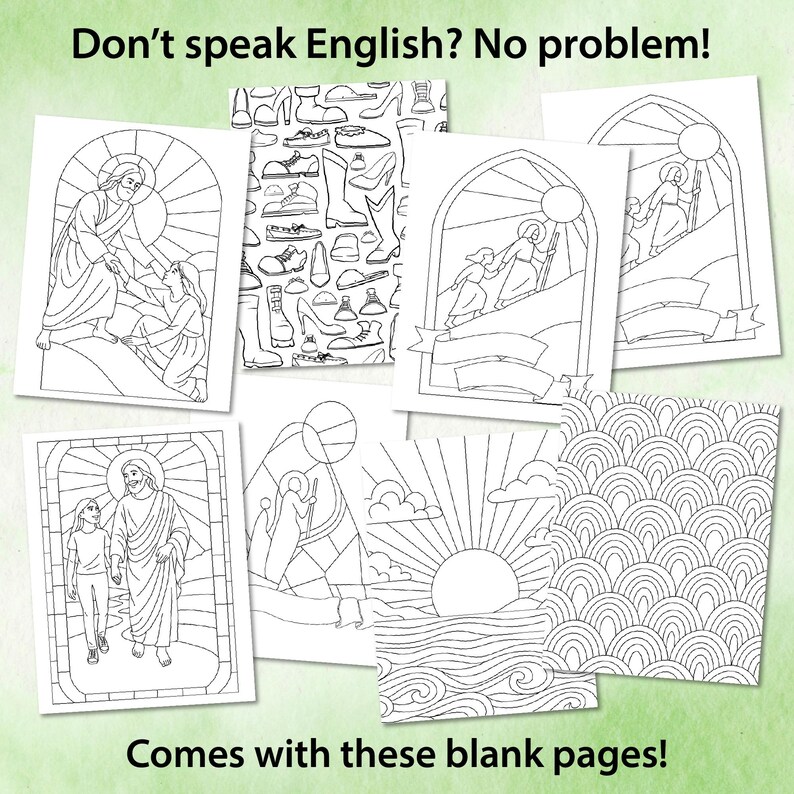 K&ouml;nnte beinhalten: Eine Sammlung von Malbuchseiten mit religi&ouml;sen Themen, darunter Bilder von Jesus und anderen biblischen Szenen. Die Seiten sind schwarz-wei&szlig;e Strichzeichnungen. Der Text "Don't speak English? No problem!" und "Comes with these blank pages!" sind sichtbar.