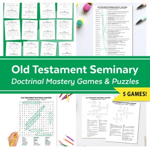 Peut inclure: Cinq jeux et puzzles imprimables de maîtrise doctrinale de l'Ancien Testament pour le séminaire. Les jeux comprennent un jeu de correspondance, une recherche de mots, deux mots croisés et un jeu de remplissage des blancs.