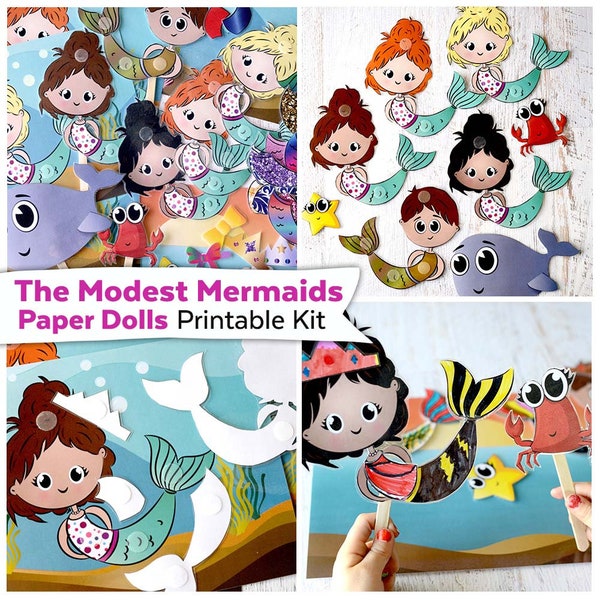 The Modest Mermaids Paper Dolls Printable Kit | Mermaid Paper Dolls Digital Download