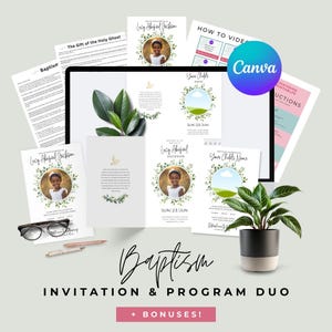May include: A digital invitation and program duo for a baptism, featuring a photo of a child surrounded by a floral wreath. The design includes the text "Baptism" and "Invitation & Program Duo + Bonuses!" along with instructions.