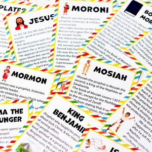 Peut inclure: Une collection de cartes &eacute;ducatives pr&eacute;sentant des figures religieuses comme J&eacute;sus, Moroni, Mormon, Mosiah et le roi Benjamin. Chaque carte comprend une illustration color&eacute;e, un titre en gras et du texte &agrave; puces d&eacute;taillant des faits historiques.