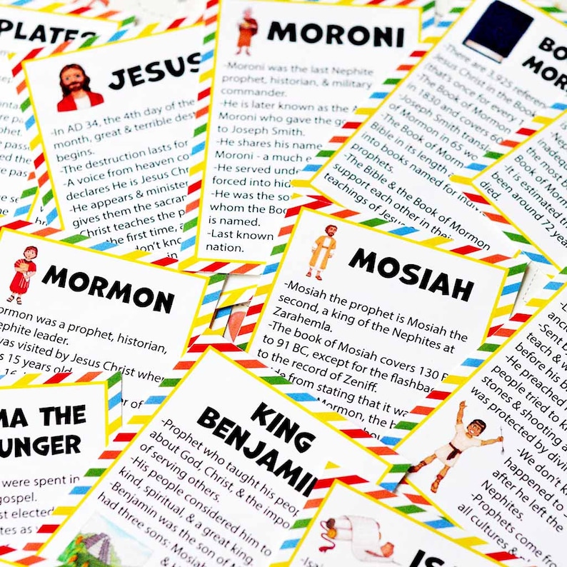 Peut inclure: Une collection de cartes &eacute;ducatives pr&eacute;sentant des figures religieuses comme J&eacute;sus, Moroni, Mormon, Mosiah et le roi Benjamin. Chaque carte comprend une illustration color&eacute;e, un titre en gras et du texte &agrave; puces d&eacute;taillant des faits historiques.