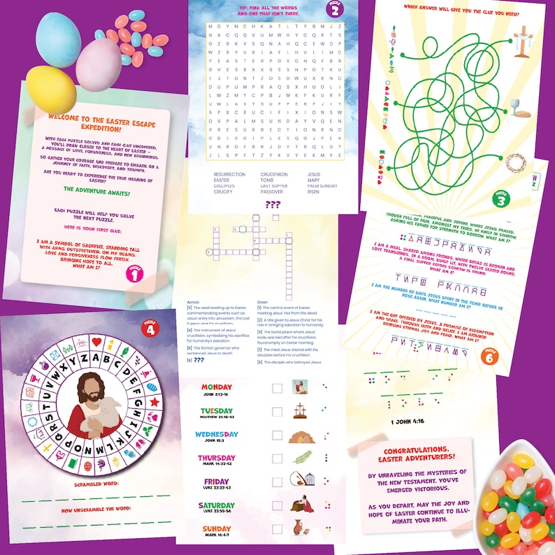 May include: A colorful printable Easter activity booklet with a word search, maze, crossword puzzle, and other games. The booklet features a lamb, a cross, and jelly beans.