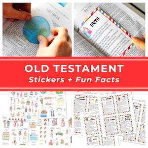 May include: A collection of Old Testament stickers and fun fact cards featuring colourful illustrations of biblical figures and events. The set includes various die-cut stickers and rectangular cards with red, blue, and green striped borders.