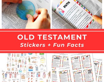 Puede incluir: Una colección de pegatinas y tarjetas de datos curiosos del Antiguo Testamento con ilustraciones coloridas de figuras y eventos bíblicos. El conjunto incluye pegatinas individuales de personajes y tarjetas rectangulares con resúmenes de libros bíblicos.
