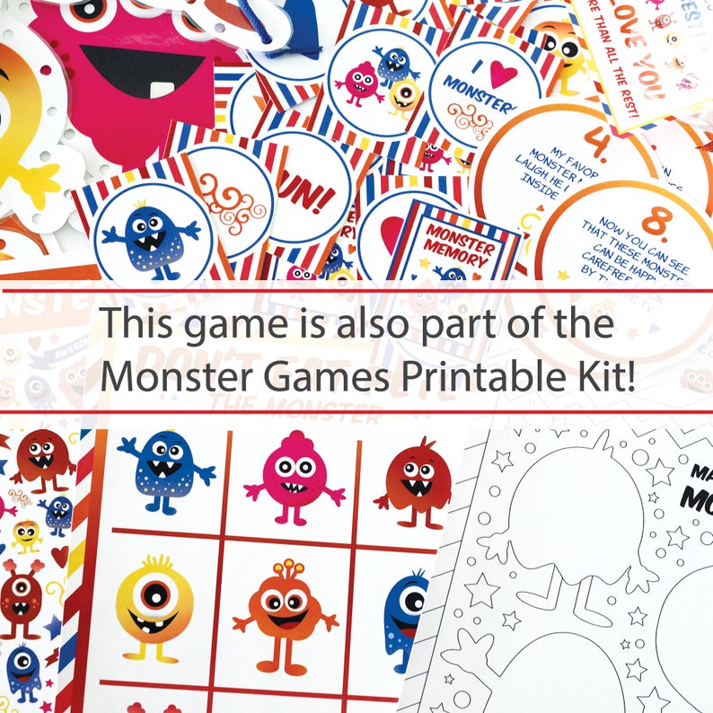 May include: A printable monster-themed game for kids. The game includes a colorful game board with different monster illustrations, a set of cards with monster images, and a blank monster template for coloring. The text on the cards reads "Monster Memory" and "My Favor Monster Laugh He I Inside".