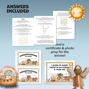 May include: A colourful game set with the text "ANSWERS INCLUDED" and "CONGRATULATIONS YOU ESCAPED!". Includes puzzle sheets, certificates, and a photo prop featuring a cartoon character holding tablets. The theme is a biblical journey.