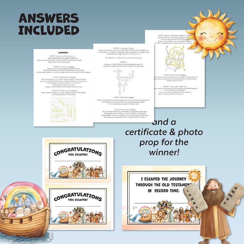 May include: A colourful game set with the text "ANSWERS INCLUDED" and "CONGRATULATIONS YOU ESCAPED!". Includes puzzle sheets, certificates, and a photo prop featuring a cartoon character holding tablets. The theme is a biblical journey.