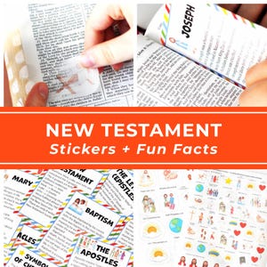 May include: A collection of New Testament stickers and fun facts featuring colorful illustrations of biblical figures and events. The set includes printed cards with headers like Joseph, Mary, Baptism, and The Apostles, alongside sheets of small adhesive icons.