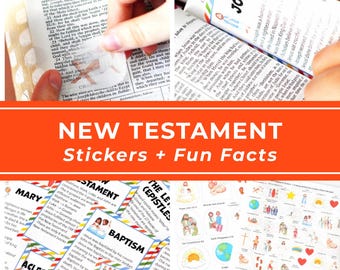 Puede incluir: Un conjunto de pegatinas y tarjetas de datos curiosos sobre el Nuevo Testamento con ilustraciones coloridas y texto. La colección incluye varios temas religiosos, perfiles de personajes como José y María, e iconos adhesivos con escenas bíblicas.
