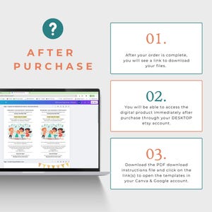 Op de afbeelding: Een laptopscherm met een digitale producttemplate, met instructies over hoe u de bestanden na aankoop kunt openen. De tekst bevat "Na aankoop" en genummerde stappen met details over het downloaden en openen van het product.