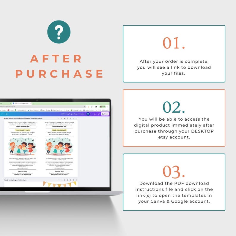 Op de afbeelding: Een laptopscherm met een digitale producttemplate, met instructies over hoe u de bestanden na aankoop kunt openen. De tekst bevat "Na aankoop" en genummerde stappen met details over het downloaden en openen van het product.