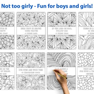 May include: Eight black and white coloring pages with intricate patterns and Bible verses. The text "Not too girly - Fun for boys and girls!" is at the top. A hand is drawing on one of the pages with a gold pen.