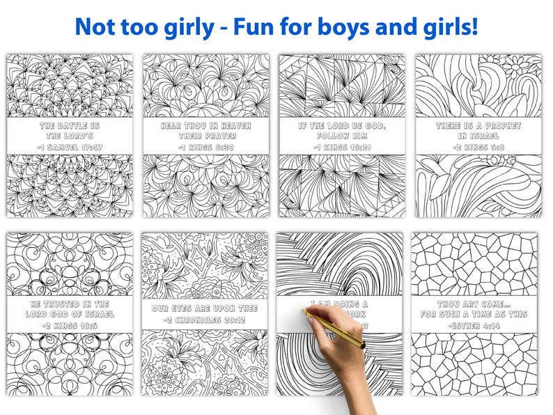 May include: Eight black and white coloring pages with intricate patterns and Bible verses. The text "Not too girly - Fun for boys and girls!" is at the top. A hand is drawing on one of the pages with a gold pen.