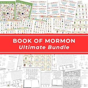 May include: A collection of printable activity sheets including Book of Mormon bingo cards, would you rather game cards, memory matching cards, word searches, crossword puzzles, tic-tac-toe grids, and coloring pages with the text Search Ponder Pray.