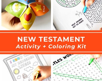 May include: A New Testament activity and coloring kit featuring a paper fortune teller with icons, a maze puzzle with the text Help Joseph Get to Mary, a coloring page with the text I Know That My Redeemer Lives, and a word search puzzle.