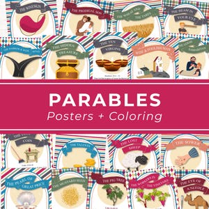 May include: A collection of educational posters and coloring pages titled PARABLES Posters + Coloring. The set features multiple individual illustrations depicting various biblical parables, each labeled with a banner and colorful striped borders.