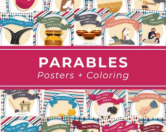 Puede incluir: Una colección de pósteres educativos y hojas para colorear titulada Parables, con ilustraciones de historias bíblicas como el hijo pródigo, la oveja perdida y la semilla de mostaza, cada una con un borde de rayas coloridas.