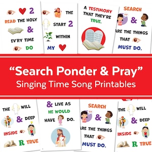 Könnte beinhalten: Eine Sammlung von druckbaren Liedblättern mit dem Titel Search Ponder & Pray, die bunte Illustrationen von Kindern, religiösen Symbolen und Liedtexten zeigen. Die Designs enthalten Symbole wie Augen, Herzen, Bücher und Tafeln in einem Raster.