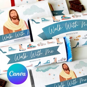 May include: Chocolate bar wrappers with the text "Walk With Me" and "Moses 6:34". The wrappers feature illustrations of shoes, clouds, and a depiction of Jesus. Some wrappers have a blue and white design.