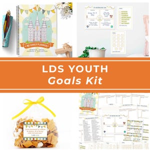 May include: An LDS Youth Goals Kit featuring a spiral-bound planner with a temple illustration, goal tracking sheets, and a clear plastic bag filled with snacks, labeled with the text: Jesus increased in wisdom & stature, & in favour with God and man. Luke 2:52.