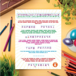May include: A colorful printable puzzle with a religious theme. The puzzle features a colorful alphabet, a garden, a meal, a number, and a gift. The puzzle is numbered 6.