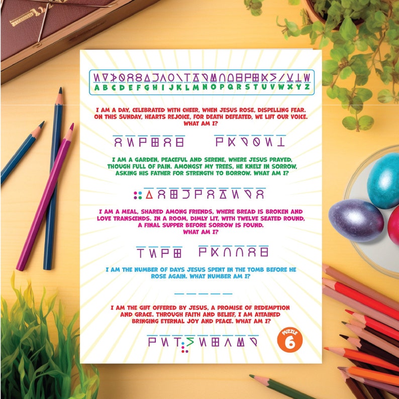 May include: A colorful printable puzzle with a religious theme. The puzzle features a colorful alphabet, a garden, a meal, a number, and a gift. The puzzle is numbered 6.