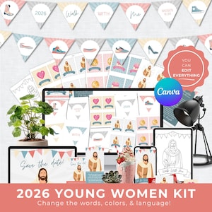 May include: A digital kit with a variety of templates, including invitations, banners, and cards. The design features illustrations of Jesus, hearts, and shoes. The text includes "2026 Young Women Kit" and "Save the date!"