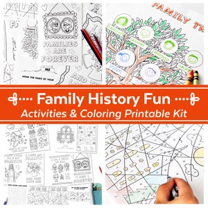 May include: A printable family history activity kit with coloring pages, a family tree, and a word search. The kit includes a variety of activities for kids to learn about their family history. The pages are black and white and feature illustrations of families.