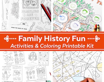 May include: A printable family history activity kit with coloring pages, a family tree, and a word search. The kit includes a variety of activities for kids to learn about their family history. The pages are black and white and feature illustrations of families.