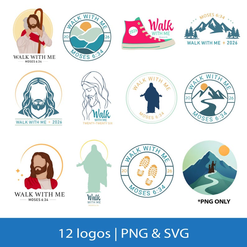 May include: A collection of 12 logos with the text "Walk With Me" and "Moses 6:34". The logos feature illustrations of Jesus, mountains, footprints, and a pink high-top sneaker. The logos are available in PNG and SVG formats.