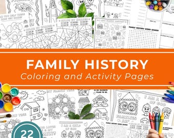 May include: A collection of 22 black and white printable family history coloring and activity pages featuring line art illustrations of family trees, houses, and religious themes, accompanied by a mug filled with colorful crayons.