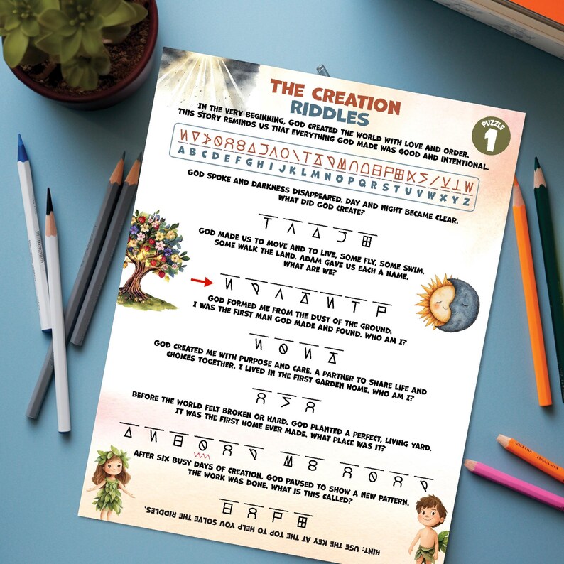 May include: A printed sheet titled "The Creation Riddles" with puzzles and illustrations. The design includes a tree, sun and moon, and cartoon figures. Colour pencils and a small plant are in the background.